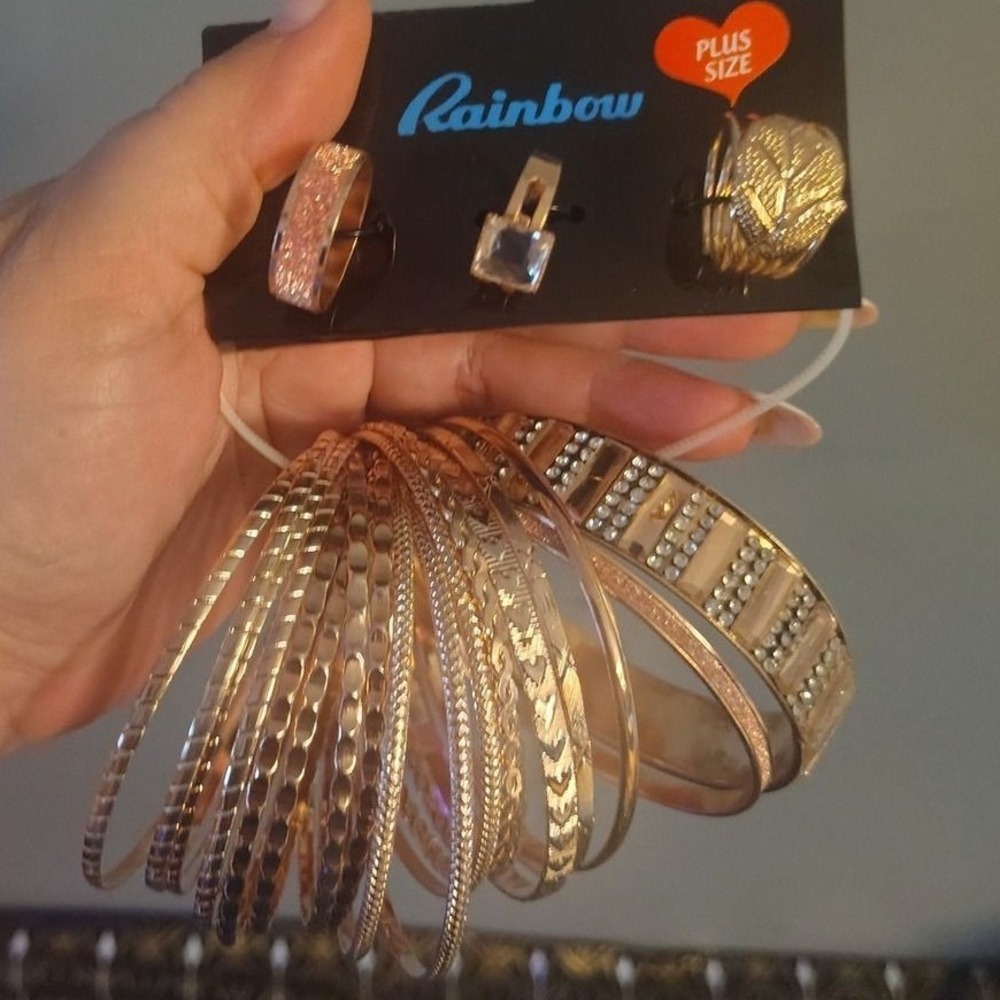 Rainbow Plus Size Rose Gold Tone Bangle Bracelet and Ring Jewelry Set New
